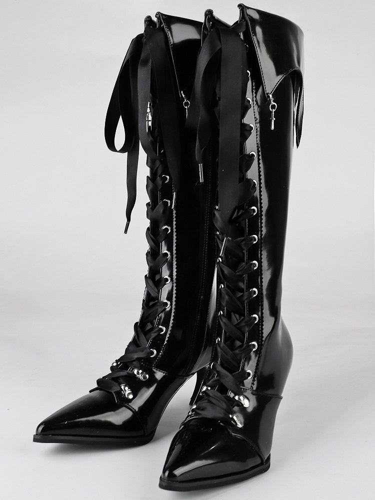 Cross Polished Design Gothic - Fold-Over Boots with Black Detachable Pointed Toe Cuff Charm Knee-High