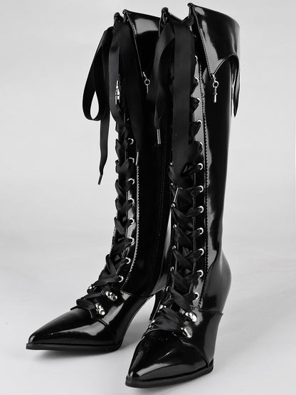 Cross Polished Design Gothic - Fold-Over Boots with Black Detachable Pointed Toe Cuff Charm Knee-High