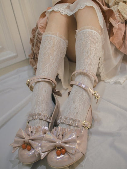 White Floral Pattern Ruffled Cuff Lace Socks