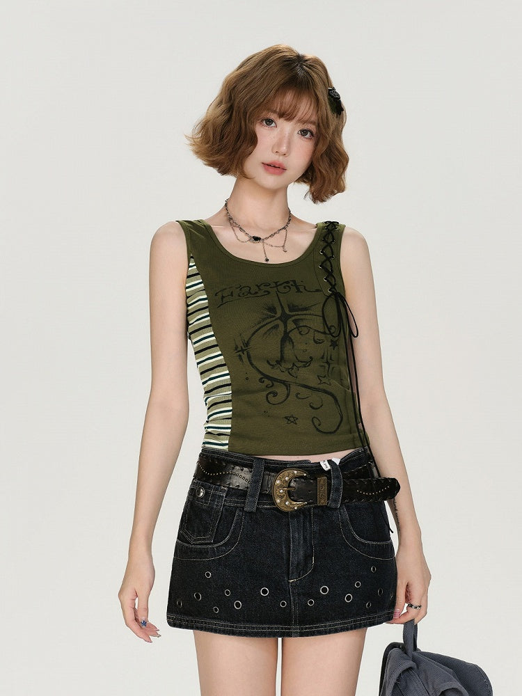 Retro Striped Patchwork Green Lace Up Top - Girlyhalo