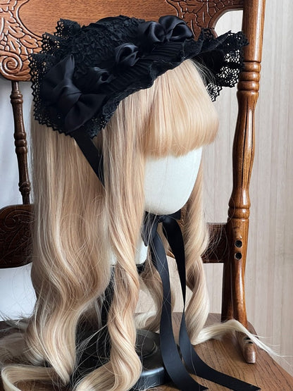 Satin and Lace with Bonnet Gothic Bows Lolita Trim Black