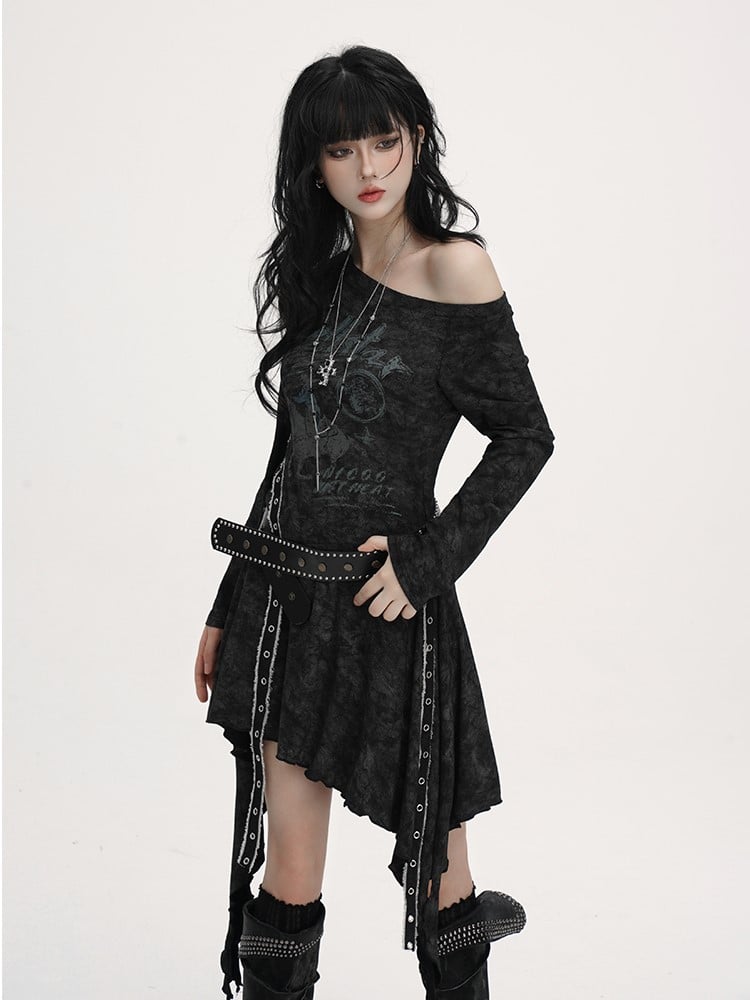 Equestrian with Handkerchief Neckline Asymmetrical Belt Black Gothic Studded Dress Hem