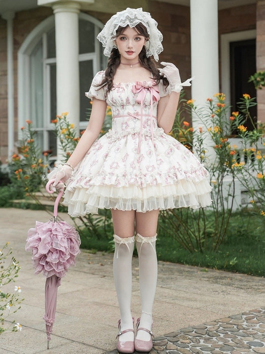 Full Version Rosette Short Classic Square Set Lolita Elastic Neckline OP Print