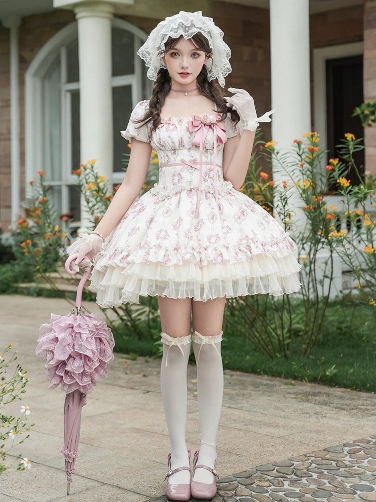 Lolita Kurze Version Blumendruck Elastischer quadratischer Kleidausschnitt Klassisch