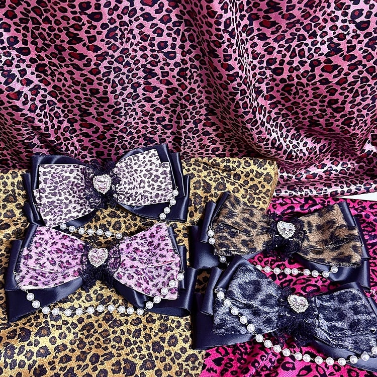 Gyaru Decor with Print Bow Leopard 4 Lace Pearl Hairclips Chain Rhinestone Colors
