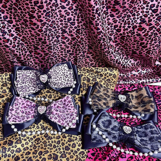 Gyaru Decor with Print Bow Leopard 4 Lace Pearl Hairclips Chain Rhinestone Colors