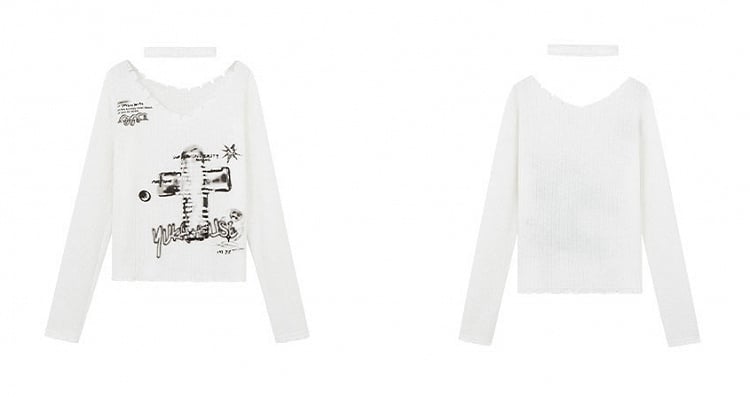 Weißer Pullover Choker Cross V-Ausschnitt Punk mit