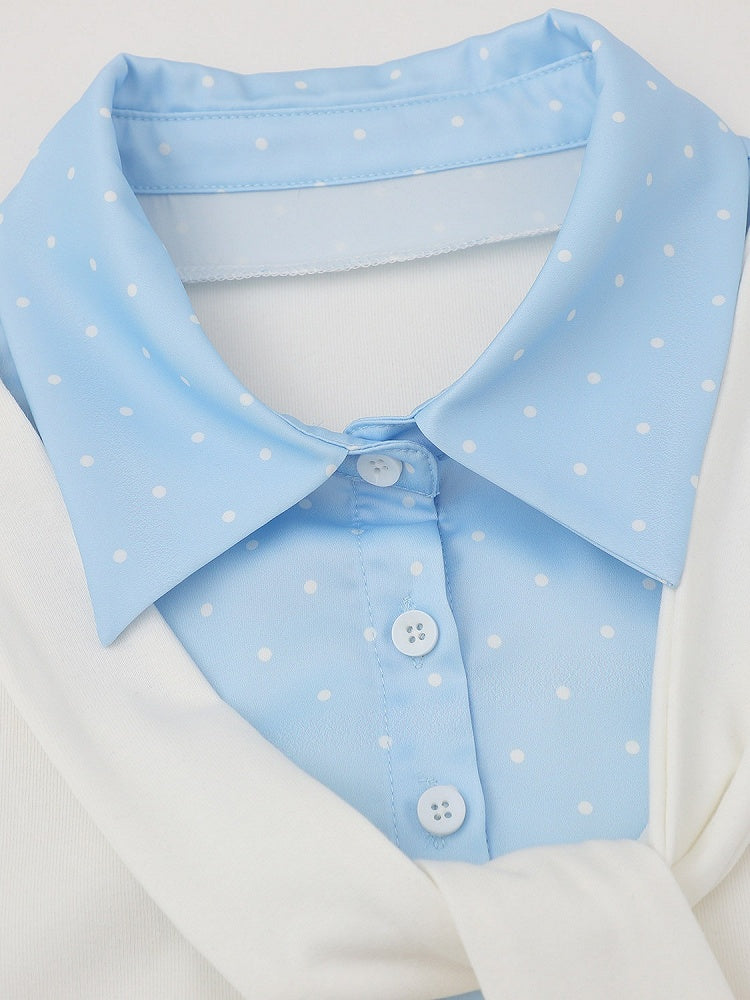 Tie-Detail Waist-Cinched Faux Layered Top in Blue and White Dot Print - Languid Park
