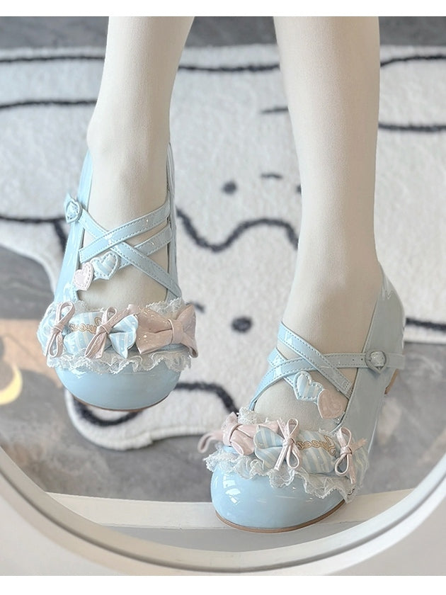 Toe Candy Round Shoes Low Mary Bows Jane Lolita Sweet Blue Heel - with