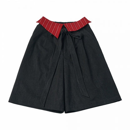 Wide-Leg Black Shorts with Red Striped Waistband - PINK SAVIOR