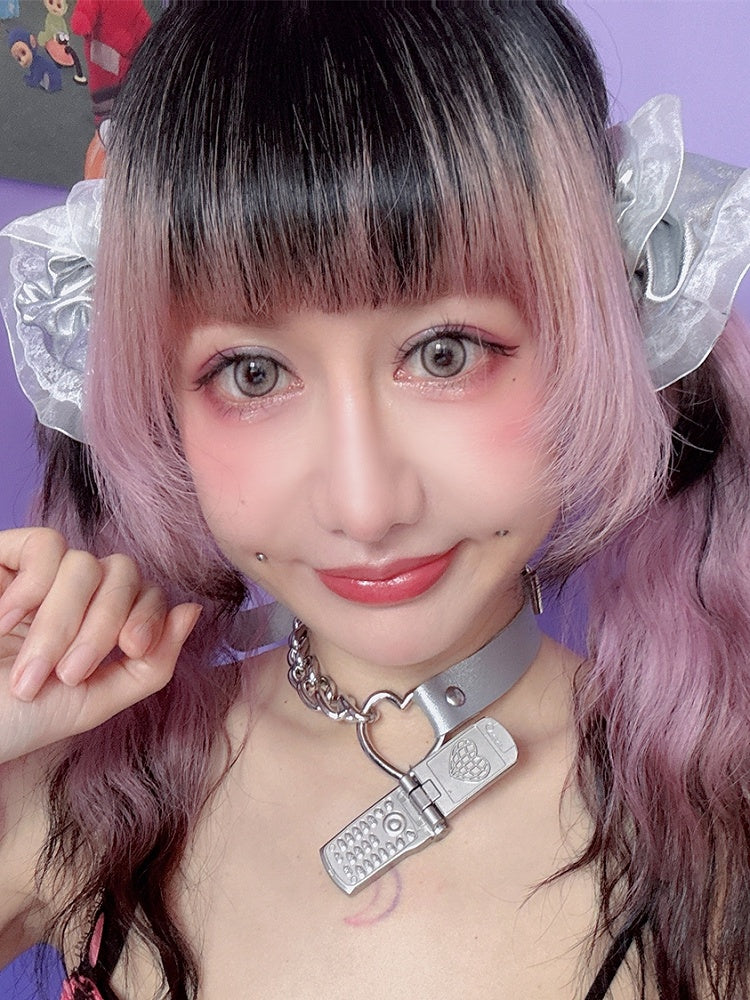 PU Pink/Silver Phone Y2K Pendant Choker