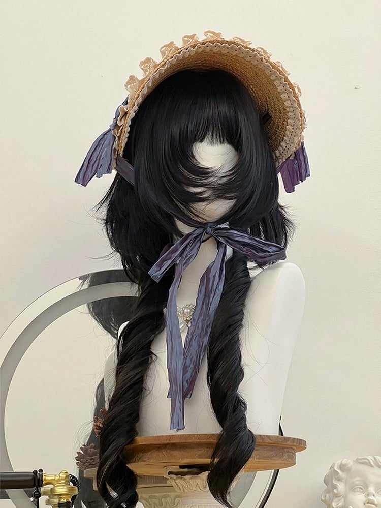 Black 72cm Roman Curly Full Bangs Wig - Alice Garden