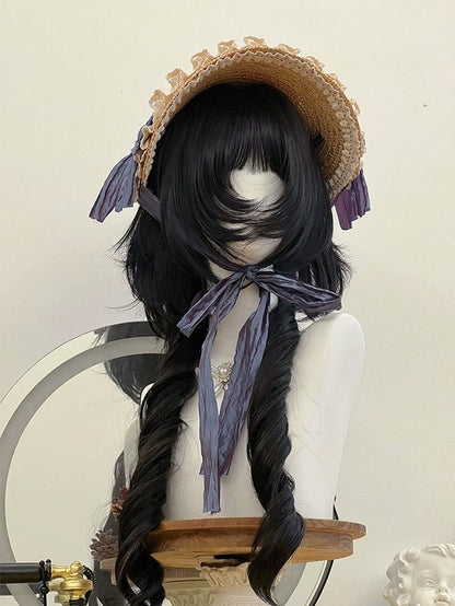 Black 72cm Roman Curly Full Bangs Wig - Alice Garden
