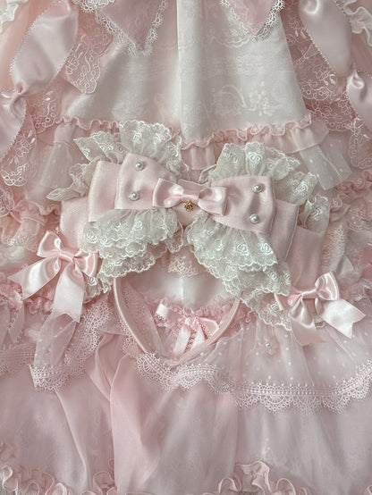 Beaded Lace Trim Decorated White/Beige/Blue Big Bow KC