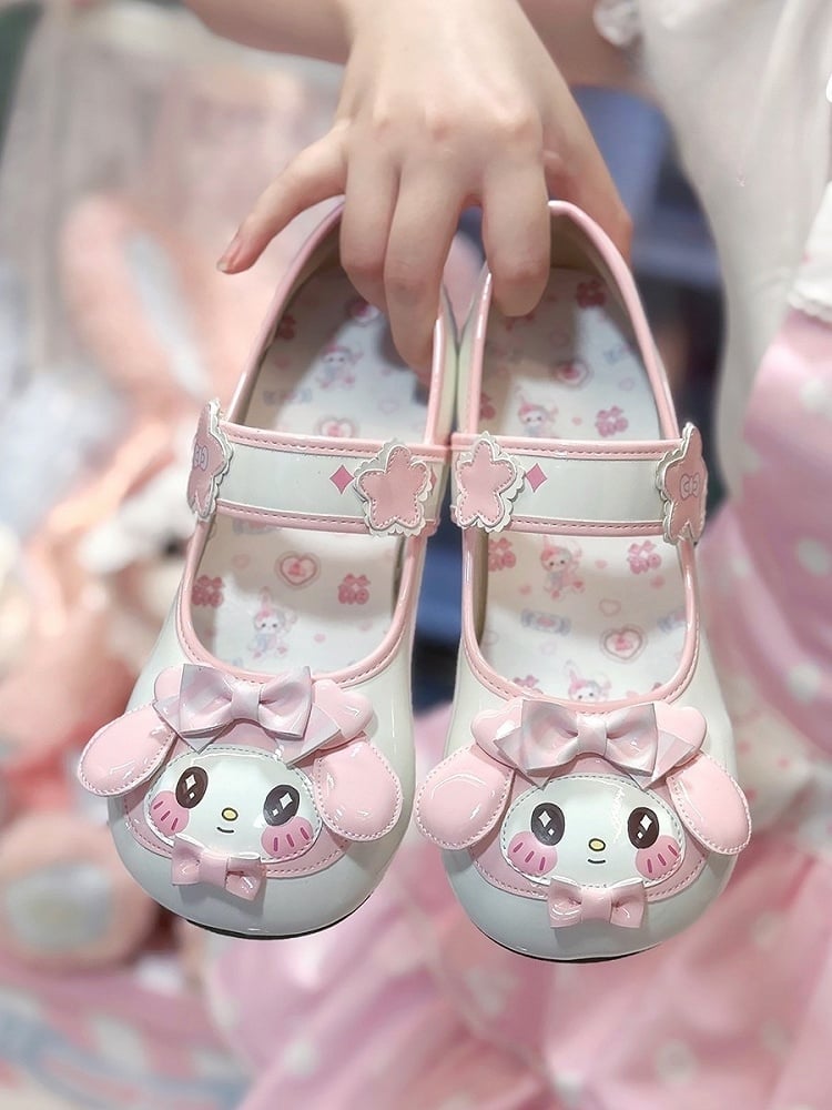 Lolita Bow Decor Toe Round - Flower Mary Accents Janes Sweet with Bunny Velcro Pink Theme