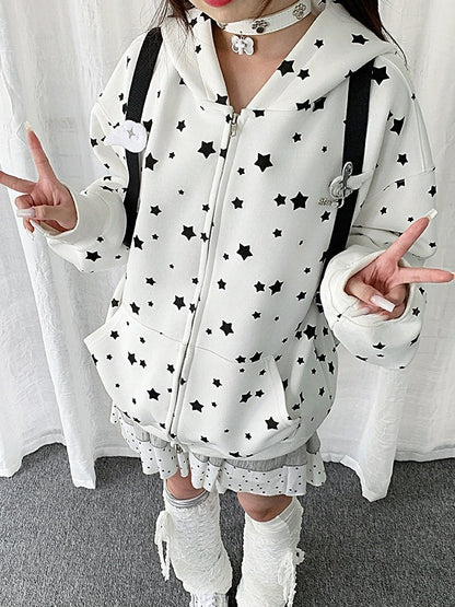 Cute White/Gray Rabbit Ear Zip-Up Hoodie with Star Print Pattern - Solkatt