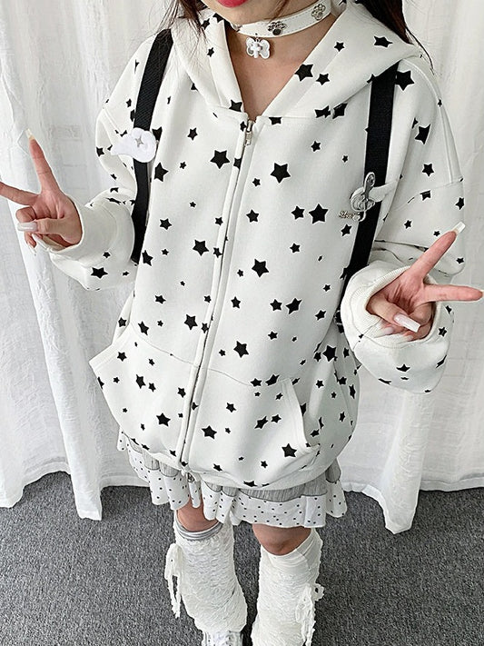 Cute White/Gray Rabbit Ear Zip-Up Hoodie with Star Print Pattern - Solkatt