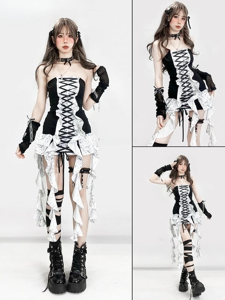 Strapless BlackWhite Glamorous Y2K Trim Lace-up Cascading Detail Dress Ruffle