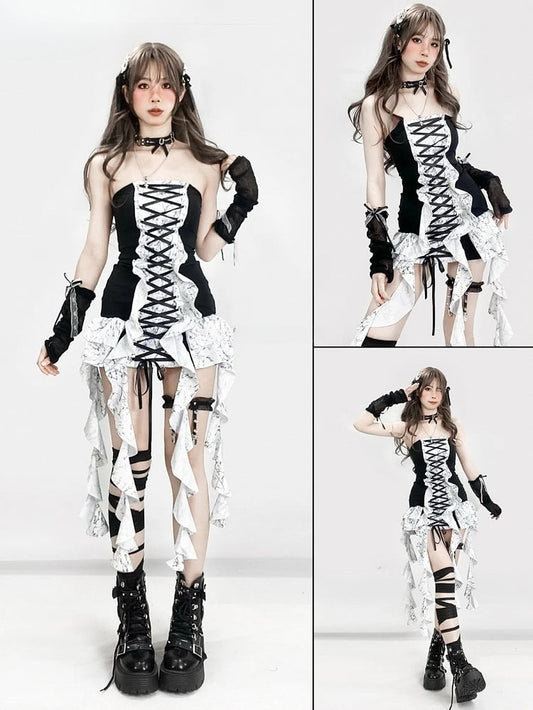 Strapless BlackWhite Glamorous Y2K Trim Lace-up Cascading Detail Dress Ruffle