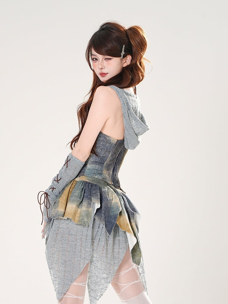 3点セット ブルー 油絵ピース レースアップフロント フード付きトップ +