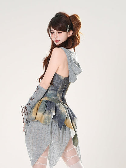 3点セット ブルー 油絵ピース レースアップフロント フード付きトップ +