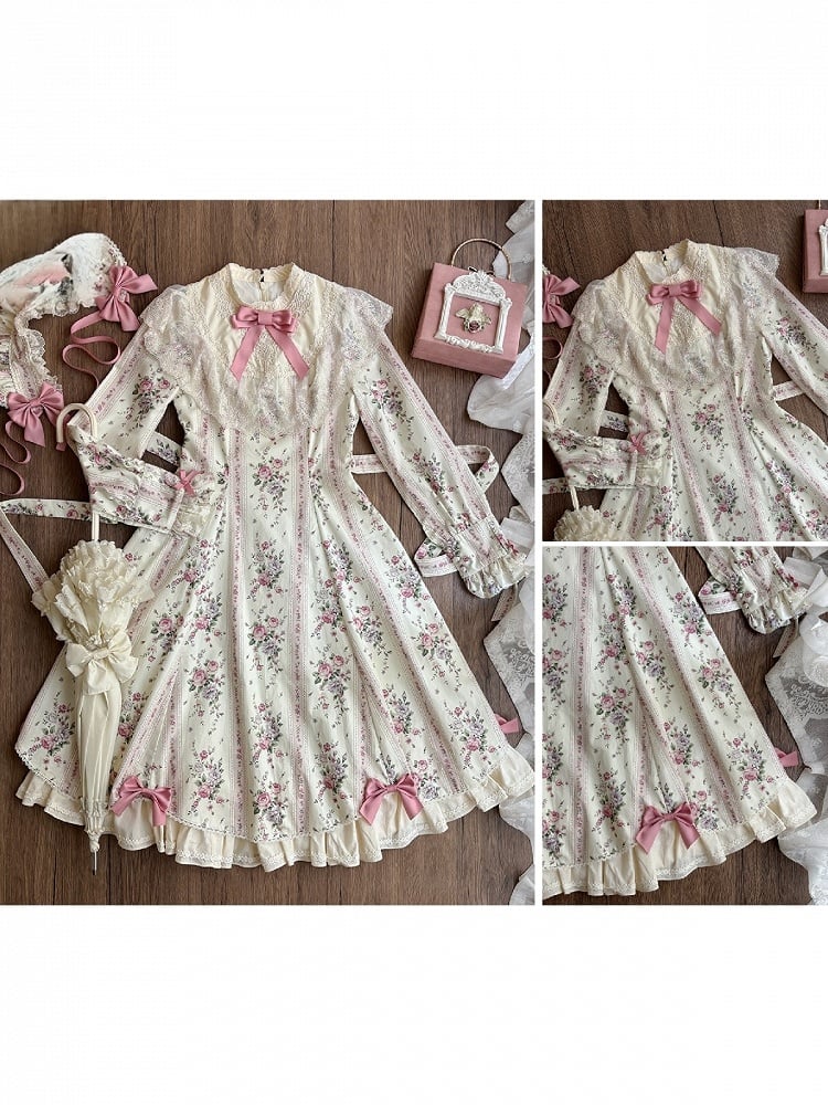 Beige Floral Print Refined Lolita OP Dress with Bow & Lace Accents - Miss Cube Dressworks