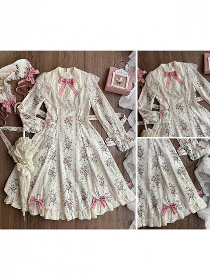 Beige Floral Print Refined Lolita OP Dress with Bow & Lace Accents - Miss Cube Dressworks