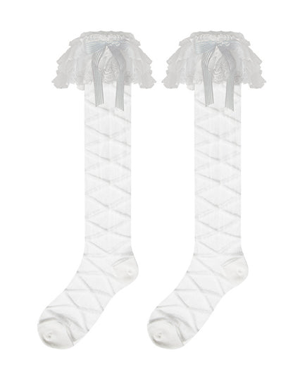 Lolita Decoration White Calf Trim and with Pattern Bow Tulle Lace Strappy Socks 3-Layer