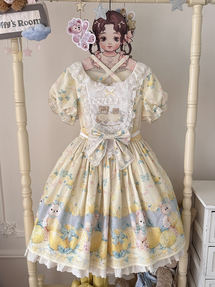 Lemon Yellow Lolita Sleeves Print Sweet Short Dress Teddy and