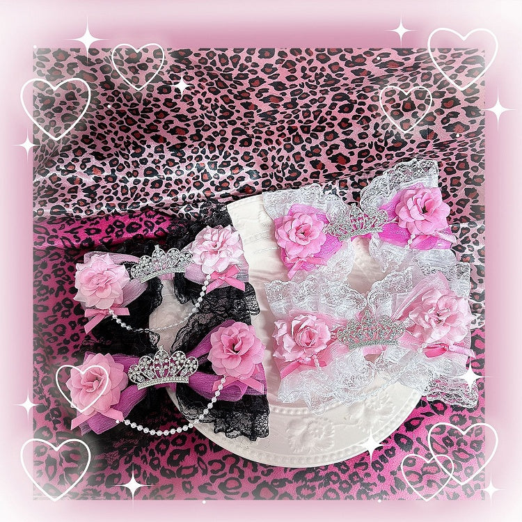 Colors Bow Rose with in Gyaru - Dazzling Chain Lace 4 Crown Hair Clip Hime Beaded