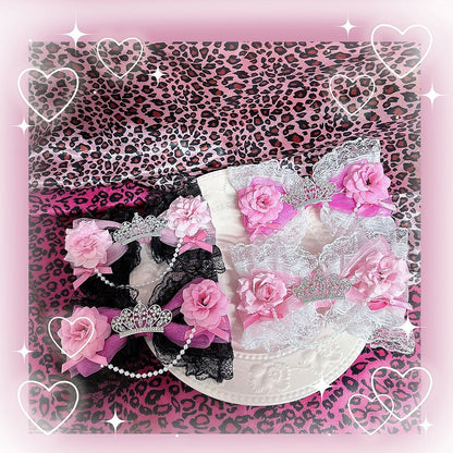 Colors Bow Rose with in Gyaru - Dazzling Chain Lace 4 Crown Hair Clip Hime Beaded