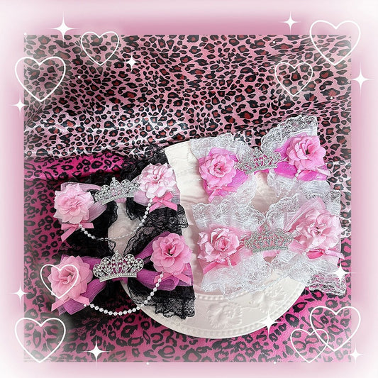 Colors Bow Rose with in Gyaru - Dazzling Chain Lace 4 Crown Hair Clip Hime Beaded