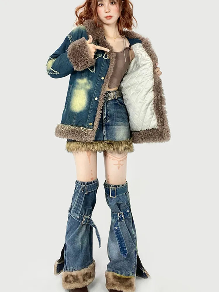 裾+脚のファッションスリットプラッシュスカートウォーマーデニムサイドストラップバックルギャルブルー