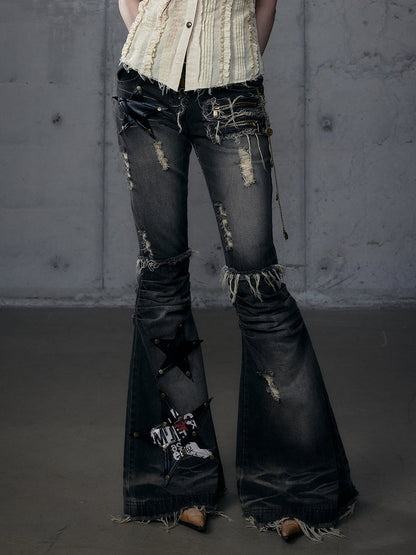 Patches Schwarz PU Ausgestellt Rock Star Punk Wasteland Saum Washed Raw Jeans mit