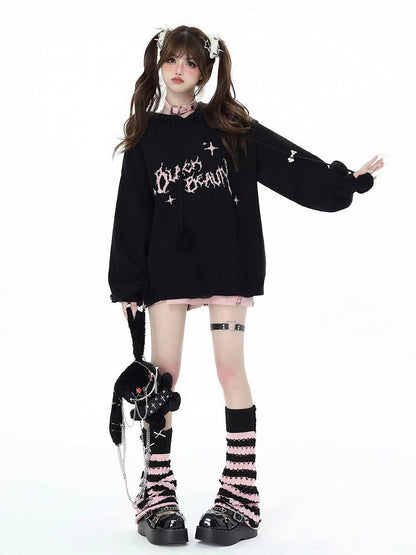 Gestreifte Strick-Stulpen in Rosa und Schwarz mit Hohlsaum