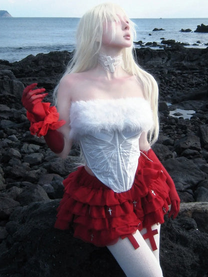 Gothic White Plush Neckline Butterfly Semi-sheer Boned Corset