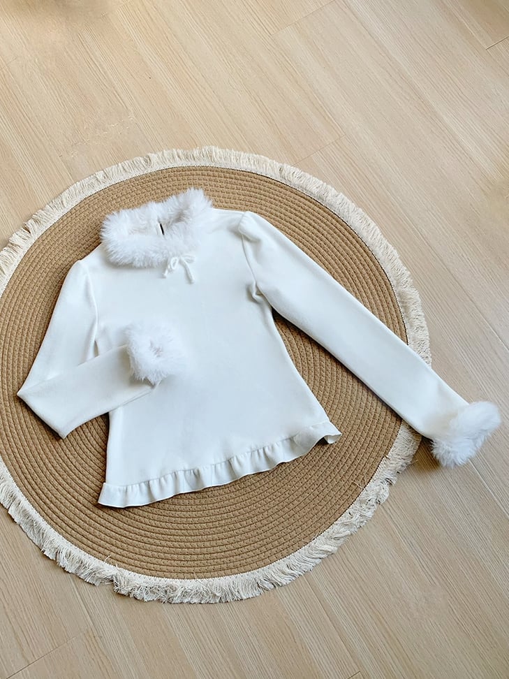 Warm Top Cuffs Knit Plush Autumn/Winter Neckline Lolita White for and