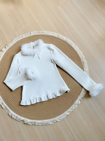 Warm Top Cuffs Knit Plush Autumn/Winter Neckline Lolita White for and