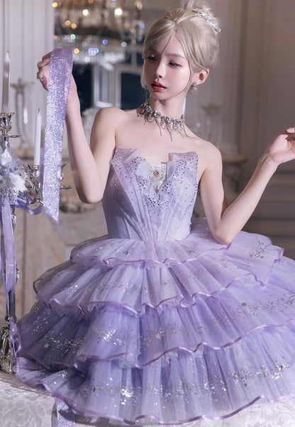 Purple Rhinestone Balletcore Lolita Silver Star Shimmer Dress - Nikki Tomorrow