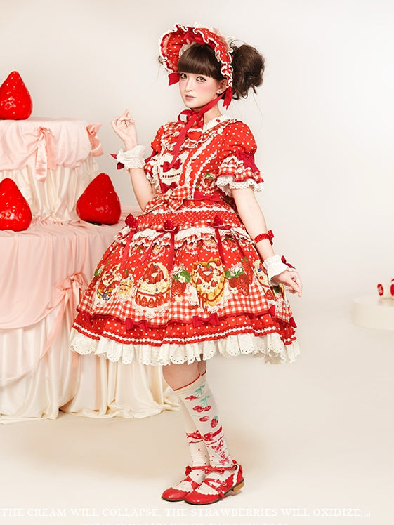 Sleeves Hem Print Lolita Puff Red Ruffle Cake Dress Strawberry with Sweet