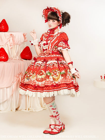 Sleeves Hem Print Lolita Puff Red Ruffle Cake Dress Strawberry with Sweet