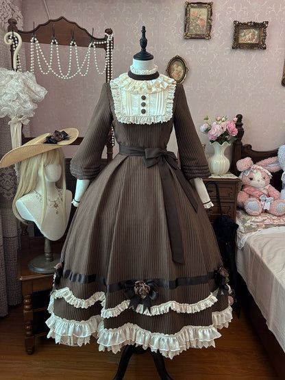 Brown Ruffle Neckline Lolita Dress with Waist Belt - MUYU
