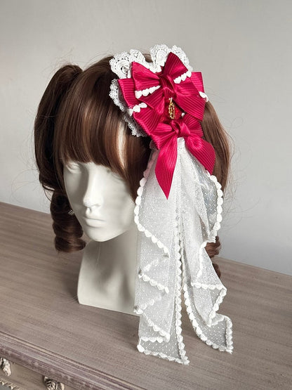 Striped Pink/Red/Blue Lolita Veil Charm and with Golden Hairclip Bow