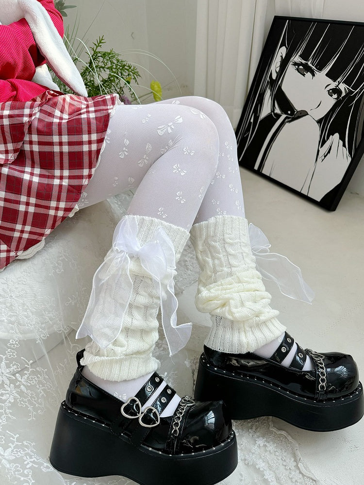 Schwarz/Weiße Lolita-Beinwärmer mit Organza-Schleife
