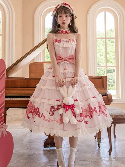 スカート スイートピンク キュート ドレス ジャンパー リボン プリント ロリータ バニー