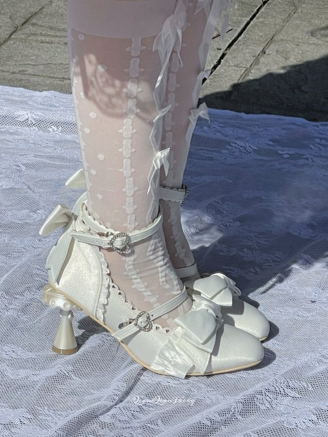 Sophisticated Pumps Bow - Heel with White Details Accents Design Lolita Shaped Ruffle Uniquely