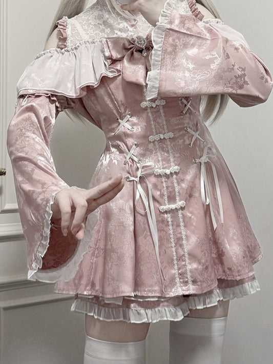 セット - ショートパンツ、蝶ネクタイネックライン、ベルスリーブ、イリュージョンチャイナドレス、ミニドレス、ダスティジライスタイル、ピンクケイ