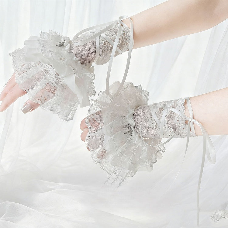 Cuffs Black/White with Layers Gothic Accents Bow Lace Wrist