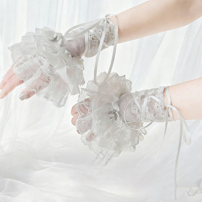 Cuffs Black/White with Layers Gothic Accents Bow Lace Wrist