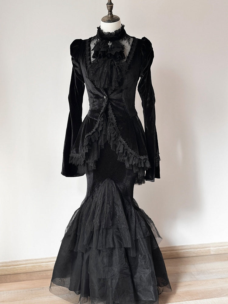 Black Embroidered Lace Blouse with Velvet V-Neck Coat and Layered Mermaid Skirt - DevilInspired Exclusive Collection